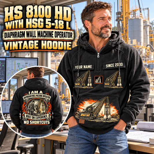 Personalized Liebherr HS 8100 HD with HSG 5-18 L Diaphragm Wall Machine Vintage Hoodie in Black, front and back artwork with YOUR NAME and SINCE 2000 sample text.