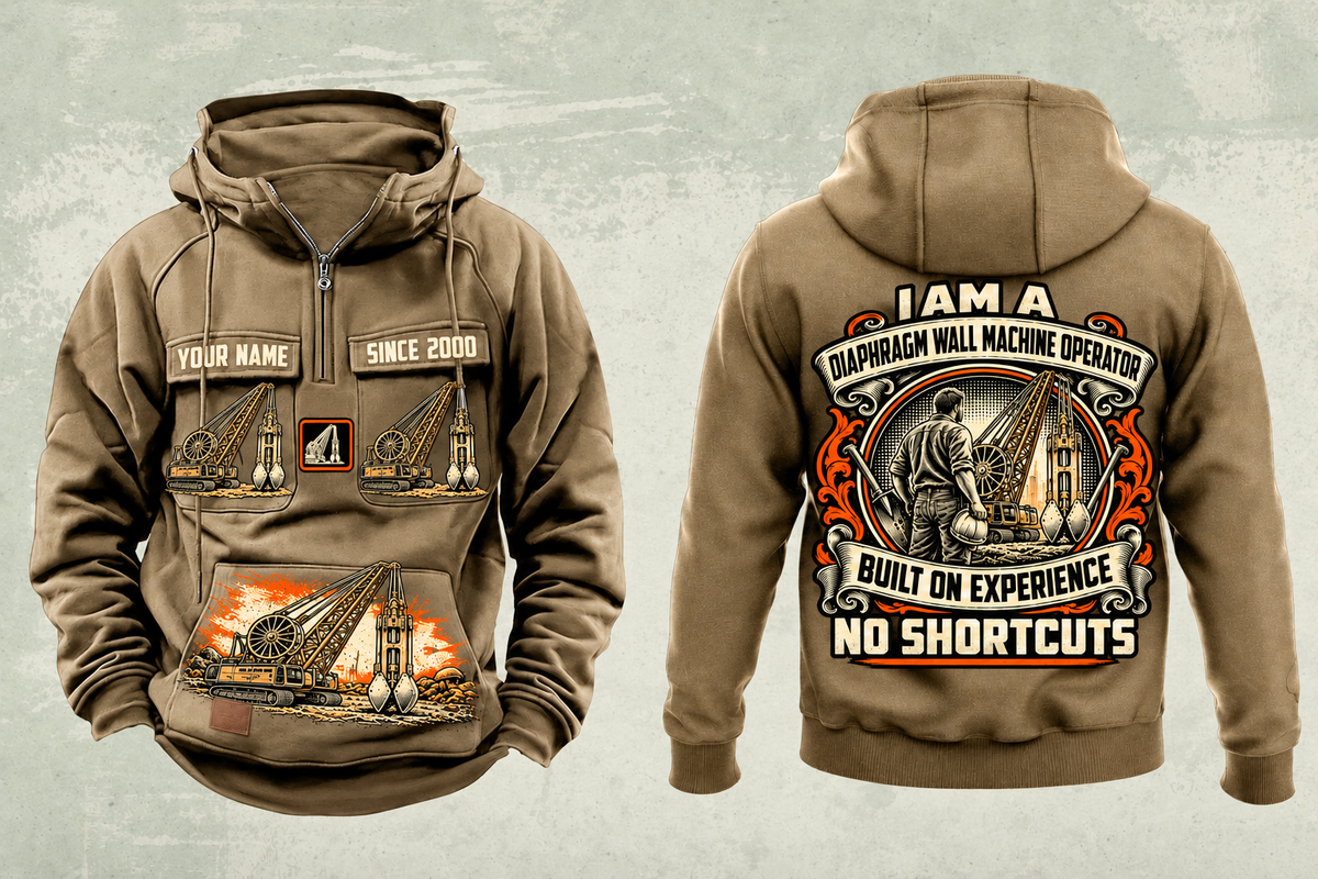 Personalized Liebherr HS 8100 HD with HSG 5-18 L Diaphragm Wall Machine Vintage Hoodie in kaki, front and back artwork with YOUR NAME and SINCE 2000 sample text.