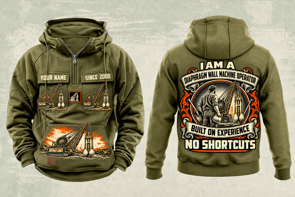 Personalized Liebherr HS 8100 HD with HSG 5-18 L Diaphragm Wall Machine Vintage Hoodie in military-green, front and back artwork with YOUR NAME and SINCE 2000 sample text.