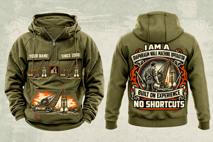 Personalized Liebherr HS 8100 HD with HSG 5-18 L Diaphragm Wall Machine Vintage Hoodie in military-green, front and back artwork with YOUR NAME and SINCE 2000 sample text.