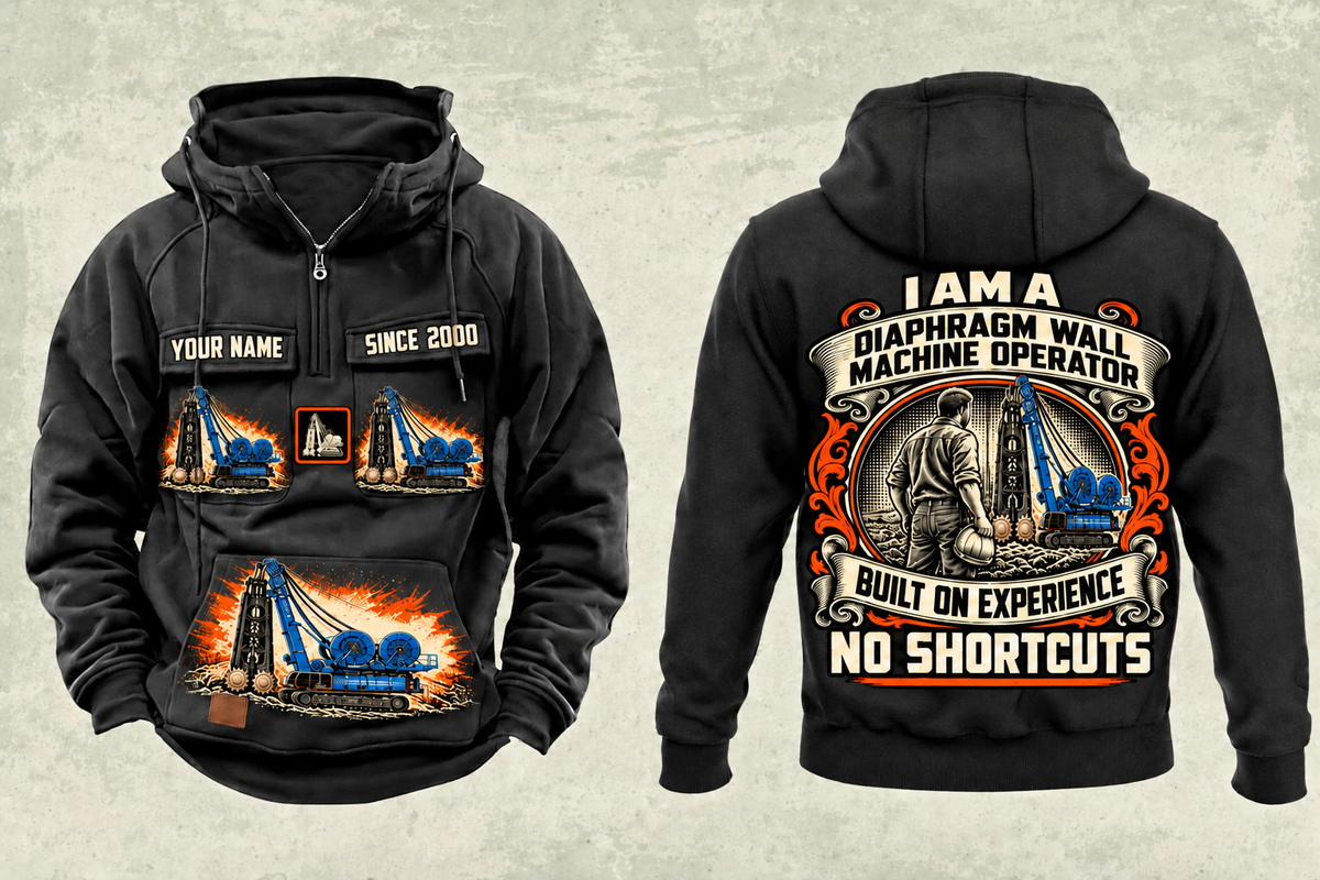 Personalized Soilmec SC-135 HD Tiger with SH-40 Diaphragm Wall Machine Vintage Hoodie in black, front and back artwork with YOUR NAME and SINCE 2000 sample text.