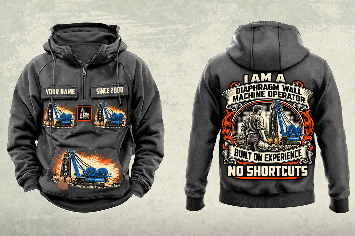 Personalized Soilmec SC-135 HD Tiger with SH-40 Diaphragm Wall Machine Vintage Hoodie in dark-gray, front and back artwork with YOUR NAME and SINCE 2000 sample text.