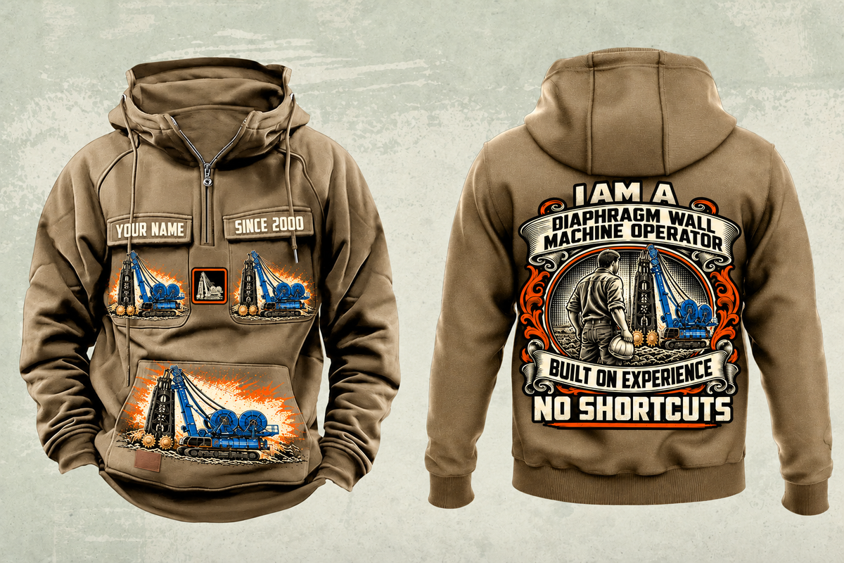 Personalized Soilmec SC-135 HD Tiger with SH-40 Diaphragm Wall Machine Vintage Hoodie in kaki, front and back artwork with YOUR NAME and SINCE 2000 sample text.