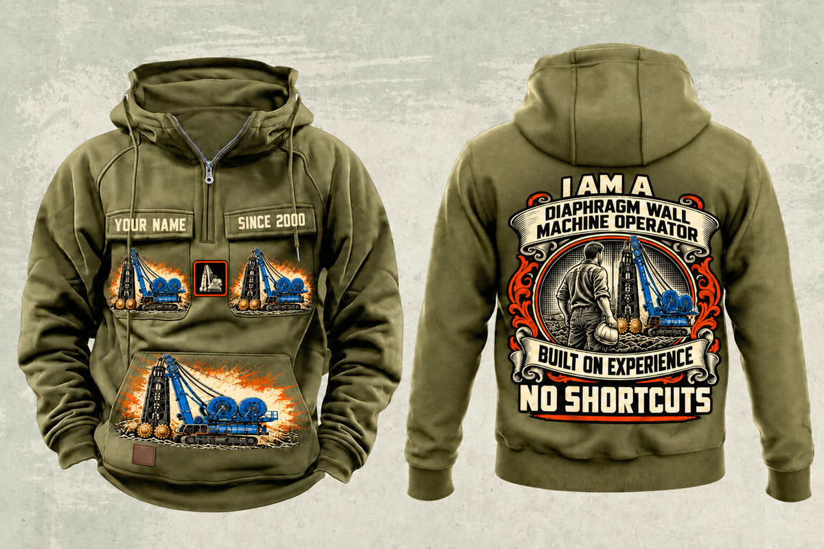 Personalized Soilmec SC-135 HD Tiger with SH-40 Diaphragm Wall Machine Vintage Hoodie in military-green, front and back artwork with YOUR NAME and SINCE 2000 sample text.