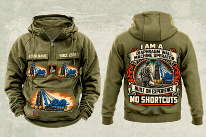 Personalized Soilmec SC-135 HD Tiger with SH-40 Diaphragm Wall Machine Vintage Hoodie in military-green, front and back artwork with YOUR NAME and SINCE 2000 sample text.