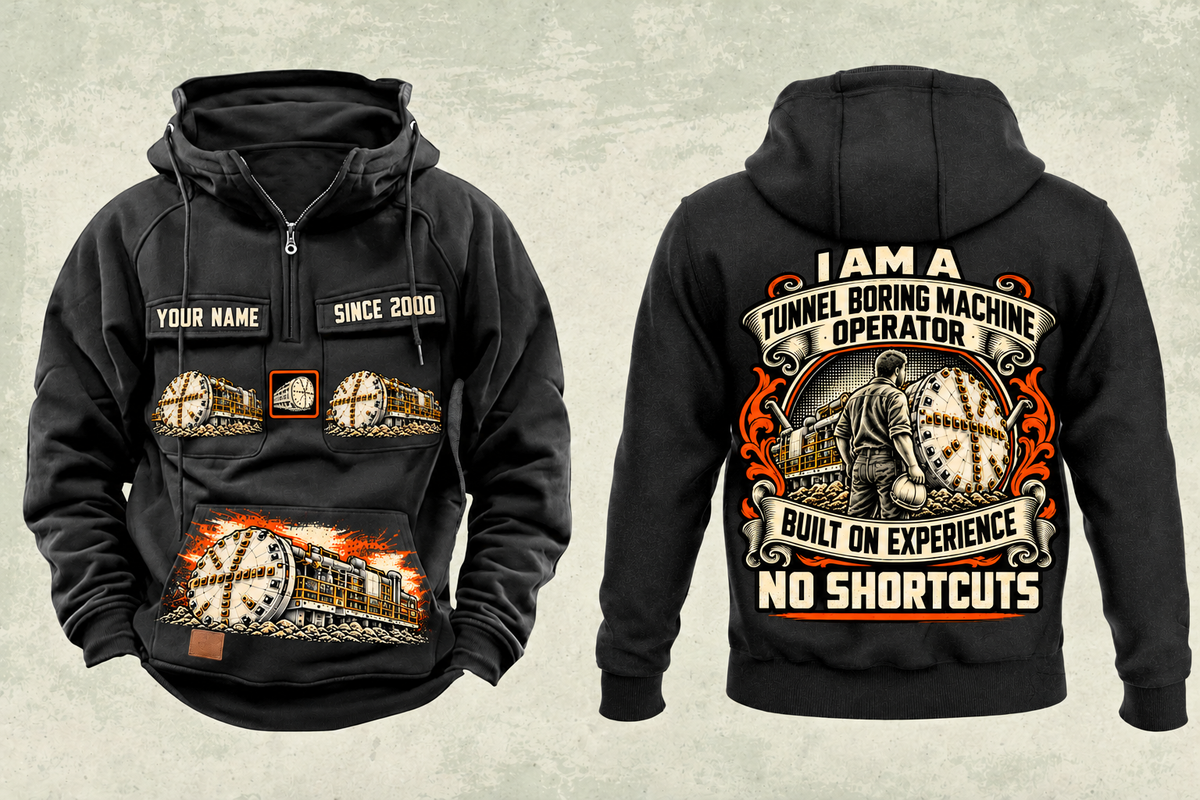 Personalized Robbins Main Beam TBM - Mill Creek Big Tex configuration Tunnel Boring Machine Vintage Hoodie in black, front and back artwork with YOUR NAME and SINCE 2000 sample text.
