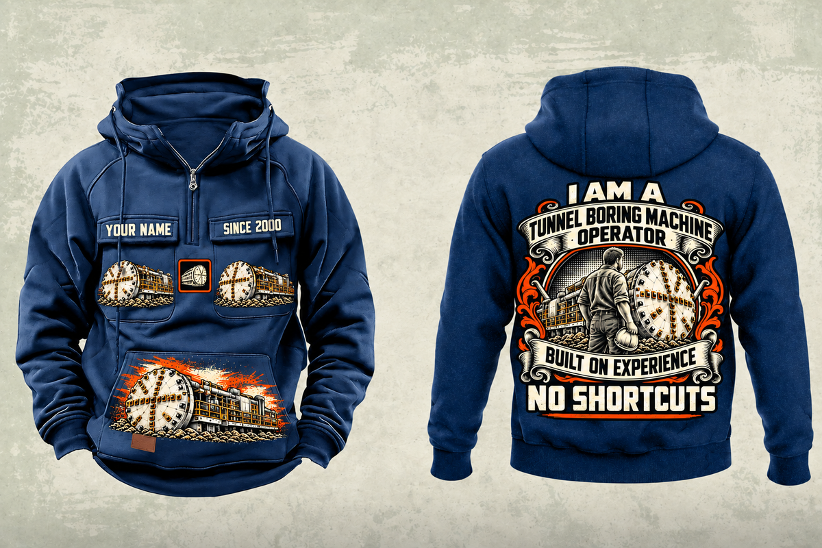 Personalized Robbins Main Beam TBM - Mill Creek Big Tex configuration Tunnel Boring Machine Vintage Hoodie in dark-blue, front and back artwork with YOUR NAME and SINCE 2000 sample text.