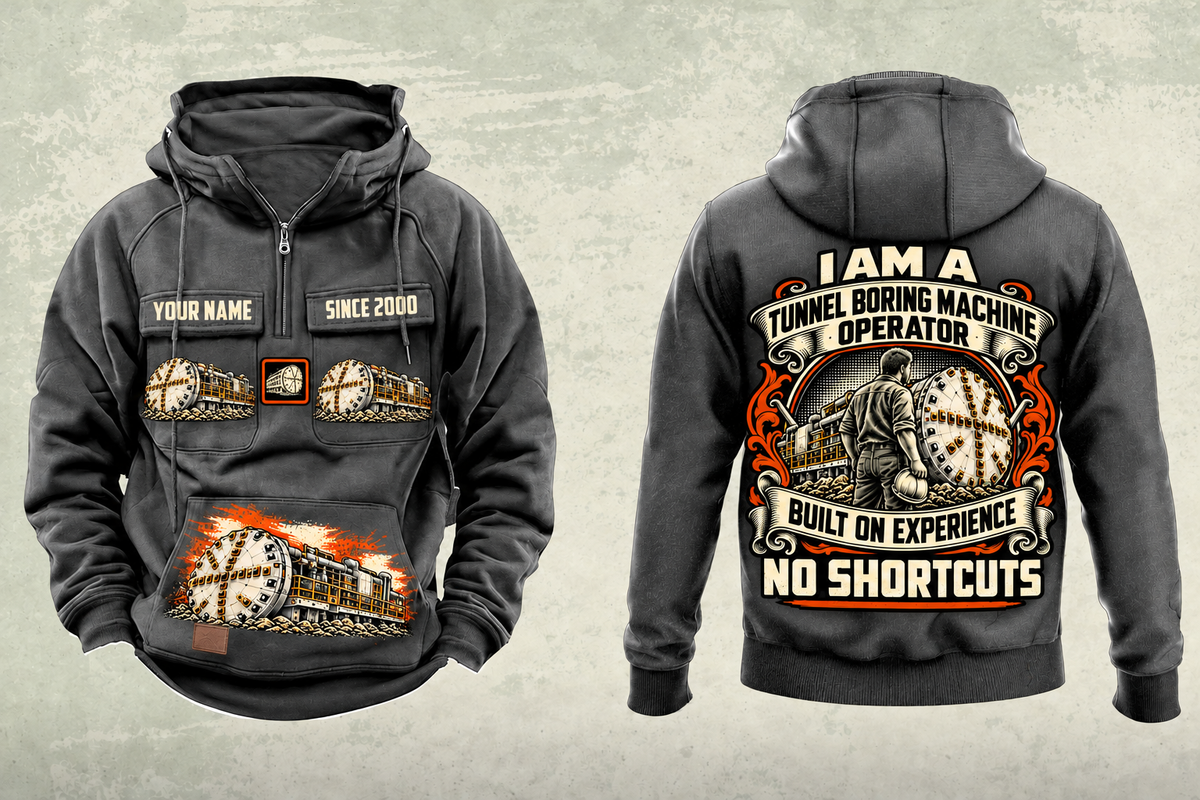 Personalized Robbins Main Beam TBM - Mill Creek Big Tex configuration Tunnel Boring Machine Vintage Hoodie in dark-gray, front and back artwork with YOUR NAME and SINCE 2000 sample text.