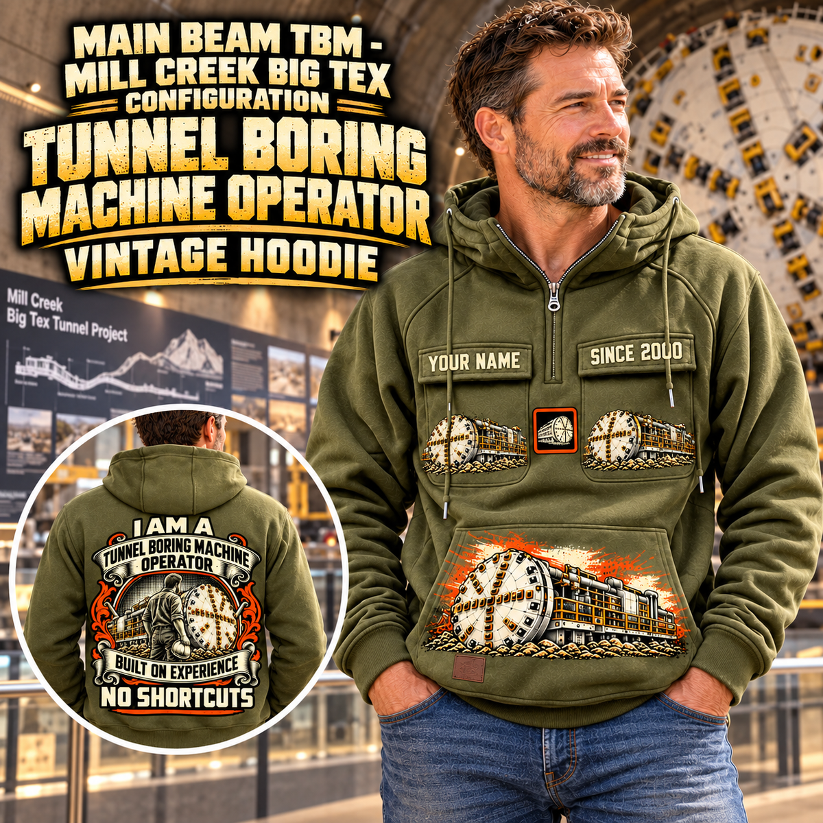 Personalized Robbins Main Beam TBM - Mill Creek Big Tex configuration Tunnel Boring Machine Vintage Hoodie in Military Green, front and back artwork with YOUR NAME and SINCE 2000 sample text.