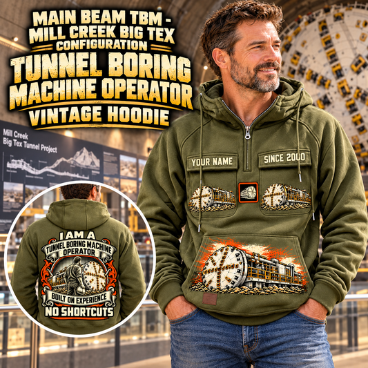 Personalized Robbins Main Beam TBM - Mill Creek Big Tex configuration Tunnel Boring Machine Vintage Hoodie in Military Green, front and back artwork with YOUR NAME and SINCE 2000 sample text.