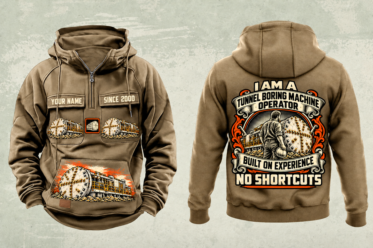 Personalized Robbins Main Beam TBM - Mill Creek Big Tex configuration Tunnel Boring Machine Vintage Hoodie in kaki, front and back artwork with YOUR NAME and SINCE 2000 sample text.
