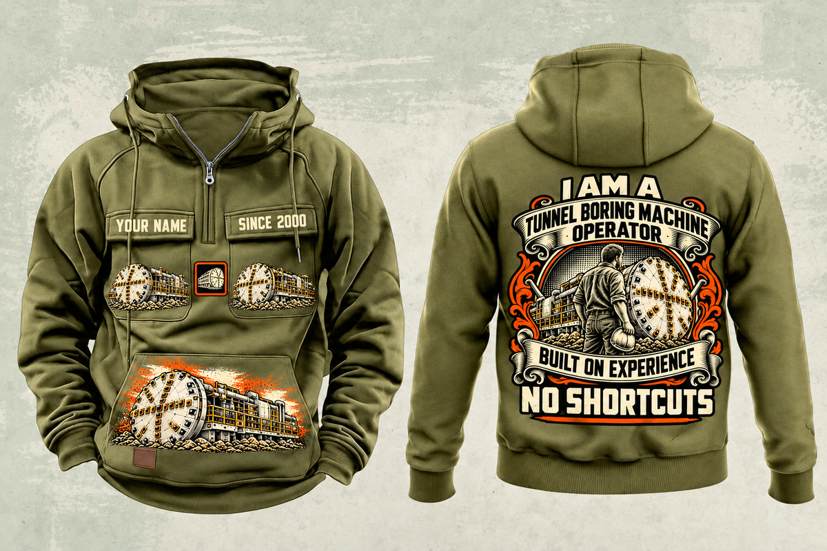 Personalized Robbins Main Beam TBM - Mill Creek Big Tex configuration Tunnel Boring Machine Vintage Hoodie in military-green, front and back artwork with YOUR NAME and SINCE 2000 sample text.