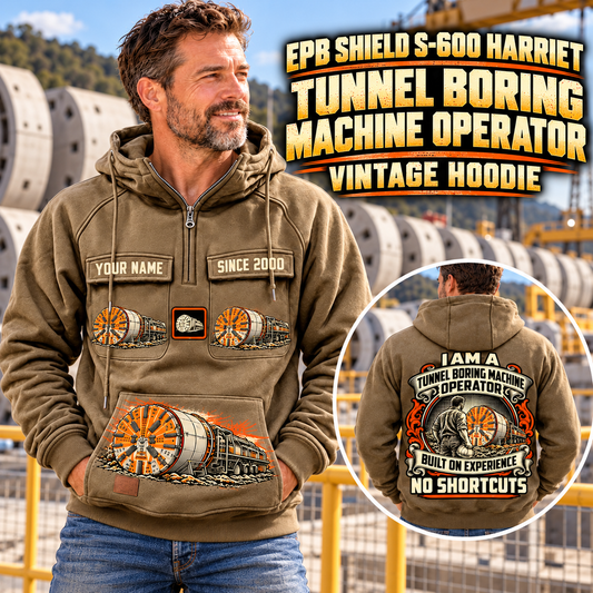 Personalized Herrenknecht EPB Shield S-600 Harriet Tunnel Boring Machine Vintage Hoodie in Kaki, front and back artwork with YOUR NAME and SINCE 2000 sample text.