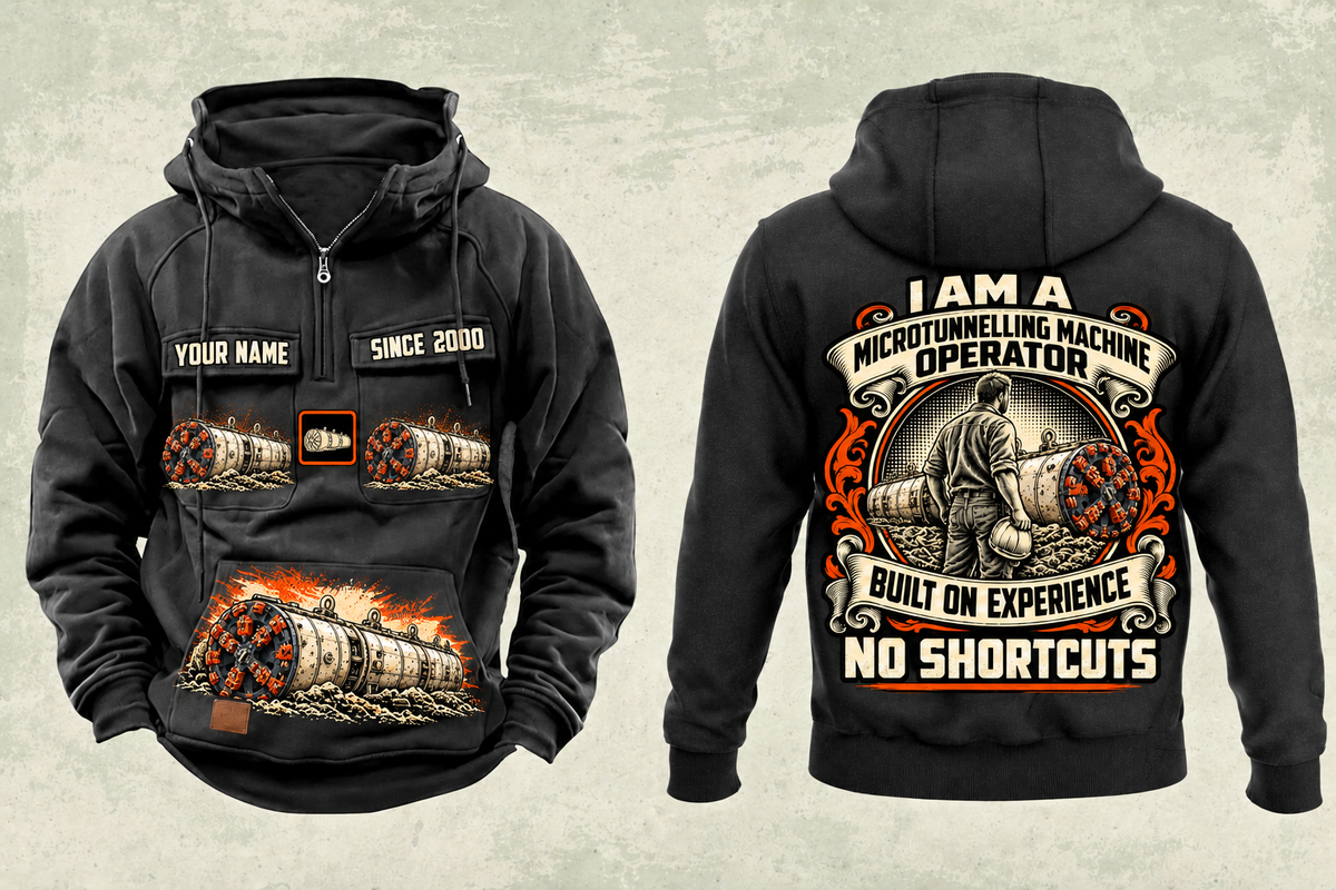 Personalized Akkerman SL44C Microtunnelling Machine Vintage Hoodie in black, front and back artwork with YOUR NAME and SINCE 2000 sample text.