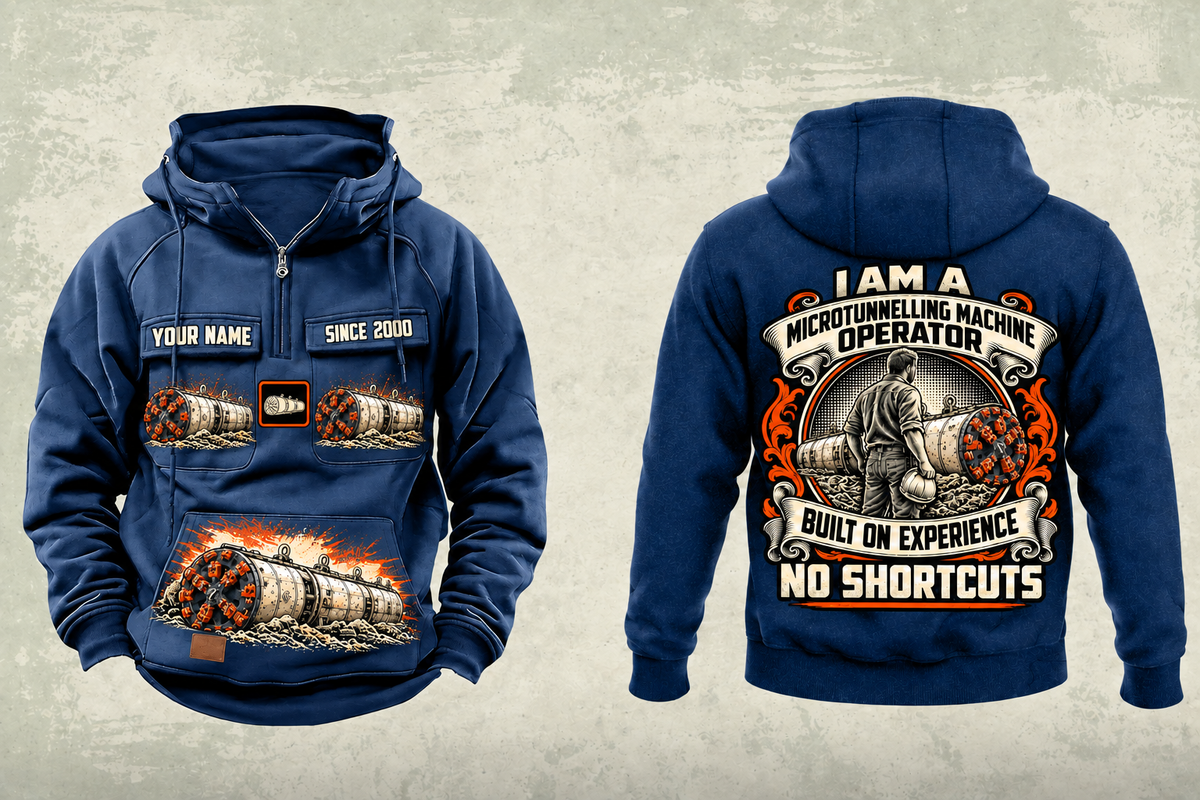 Personalized Akkerman SL44C Microtunnelling Machine Vintage Hoodie in dark-blue, front and back artwork with YOUR NAME and SINCE 2000 sample text.