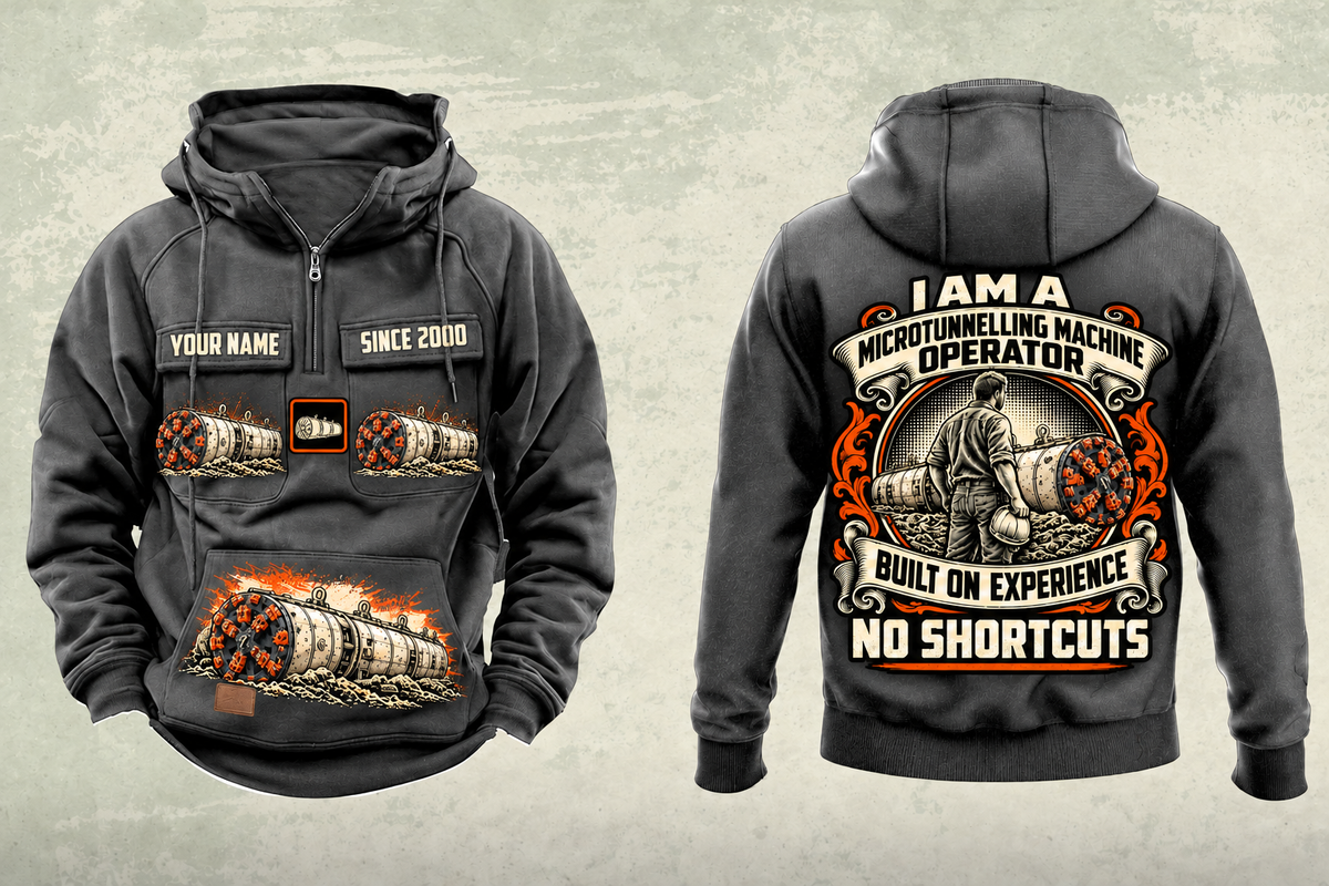 Personalized Akkerman SL44C Microtunnelling Machine Vintage Hoodie in dark-gray, front and back artwork with YOUR NAME and SINCE 2000 sample text.