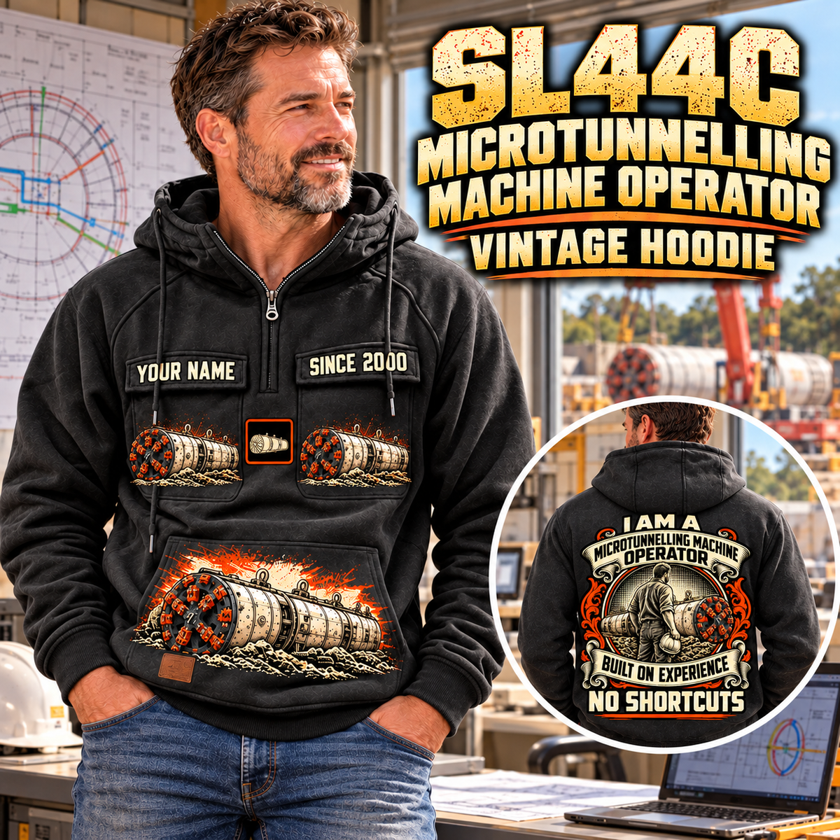 Personalized Akkerman SL44C Microtunnelling Machine Vintage Hoodie in Black, front and back artwork with YOUR NAME and SINCE 2000 sample text.
