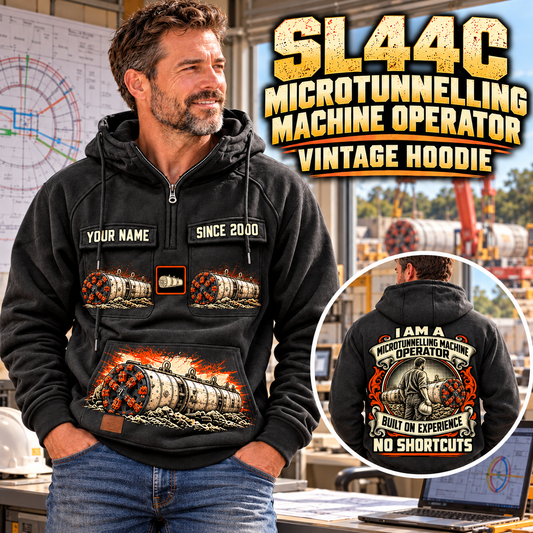 Personalized Akkerman SL44C Microtunnelling Machine Vintage Hoodie in Black, front and back artwork with YOUR NAME and SINCE 2000 sample text.