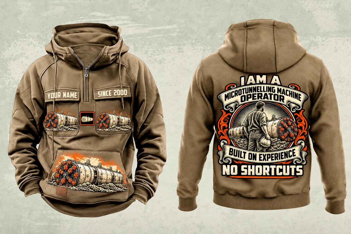 Personalized Akkerman SL44C Microtunnelling Machine Vintage Hoodie in kaki, front and back artwork with YOUR NAME and SINCE 2000 sample text.