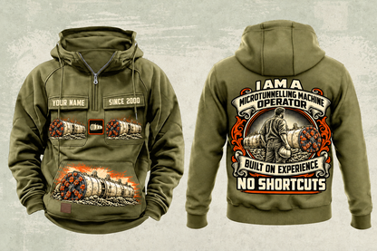 Personalized Akkerman SL44C Microtunnelling Machine Vintage Hoodie in military-green, front and back artwork with YOUR NAME and SINCE 2000 sample text.
