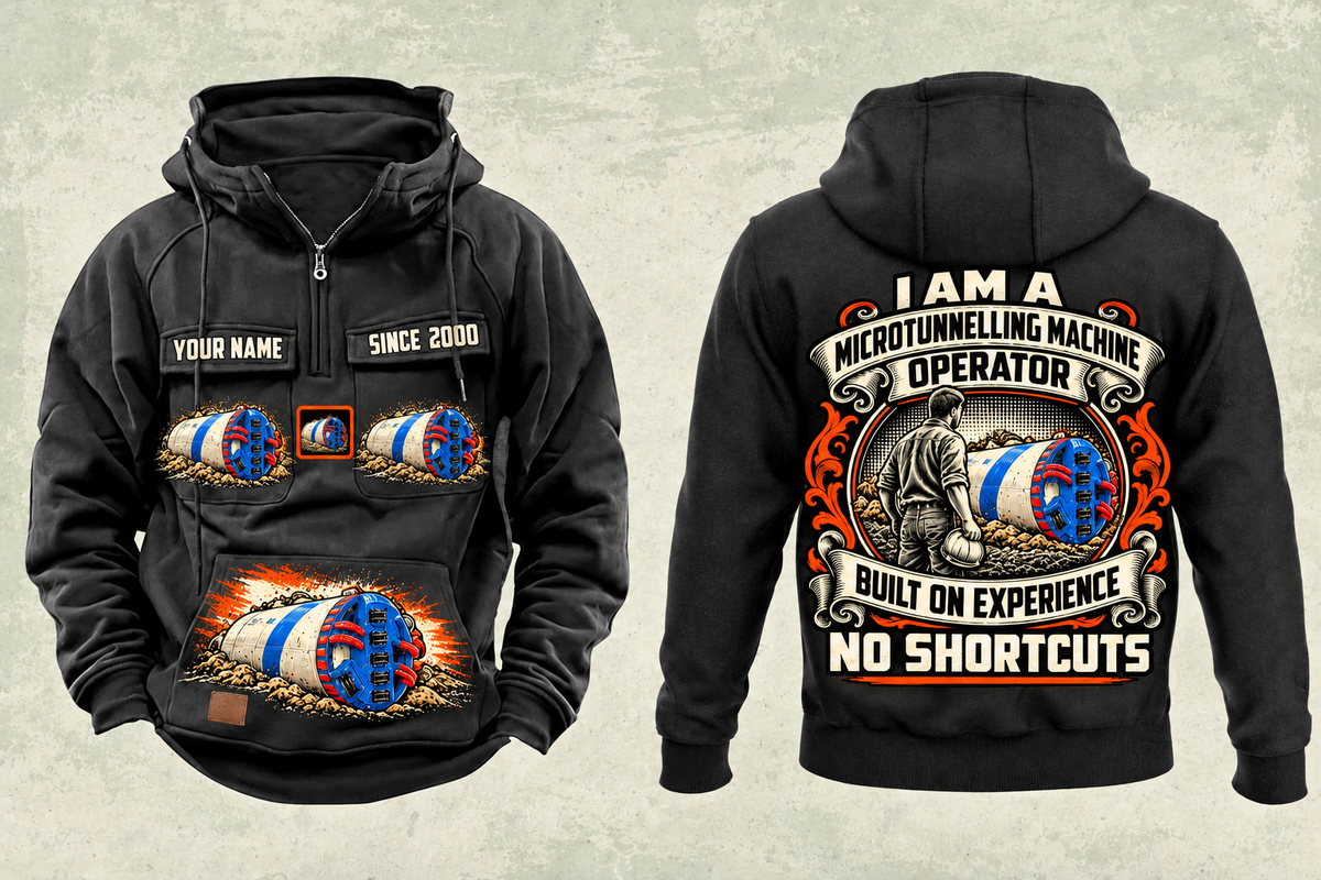 Personalized Akkerman SL60P Microtunnelling Machine Vintage Hoodie in black, front and back artwork with YOUR NAME and SINCE 2000 sample text.