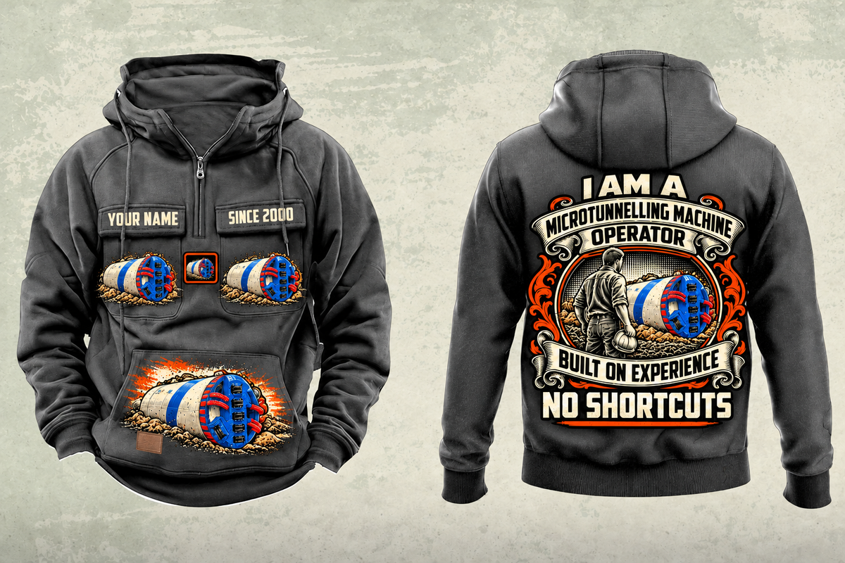 Personalized Akkerman SL60P Microtunnelling Machine Vintage Hoodie in dark-gray, front and back artwork with YOUR NAME and SINCE 2000 sample text.