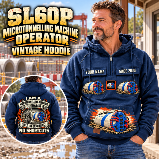 Personalized Akkerman SL60P Microtunnelling Machine Vintage Hoodie in Dark Blue, front and back artwork with YOUR NAME and SINCE 2000 sample text.