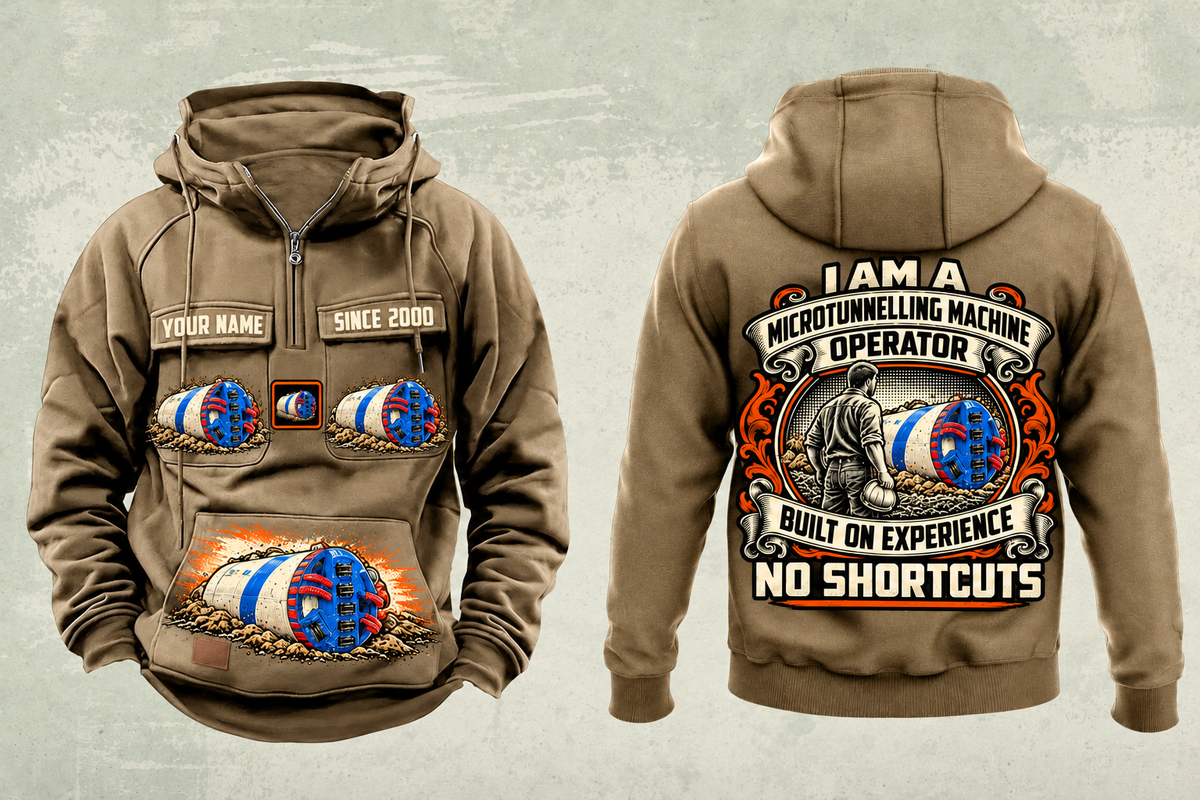 Personalized Akkerman SL60P Microtunnelling Machine Vintage Hoodie in kaki, front and back artwork with YOUR NAME and SINCE 2000 sample text.