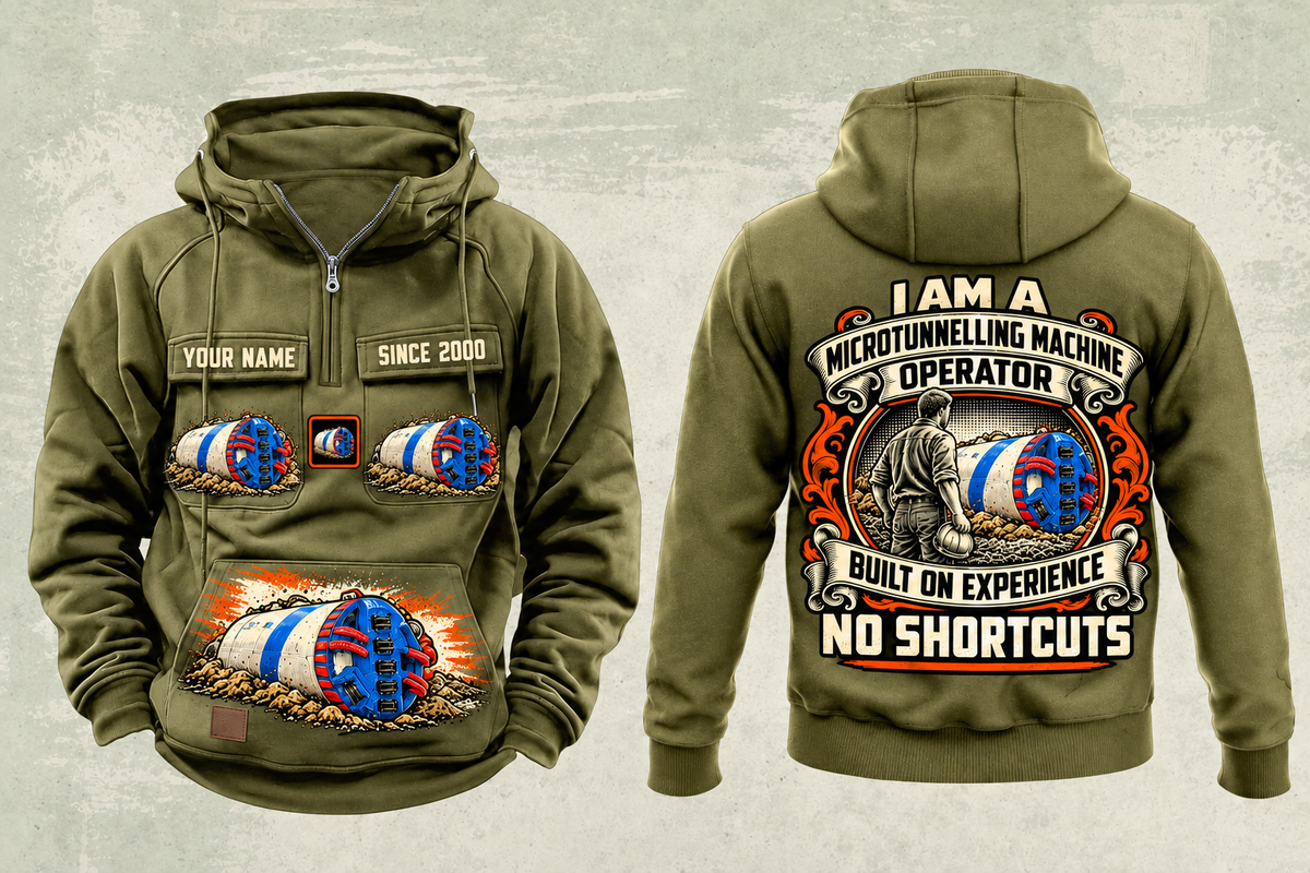 Personalized Akkerman SL60P Microtunnelling Machine Vintage Hoodie in military-green, front and back artwork with YOUR NAME and SINCE 2000 sample text.
