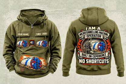 Personalized Akkerman SL60P Microtunnelling Machine Vintage Hoodie in military-green, front and back artwork with YOUR NAME and SINCE 2000 sample text.
