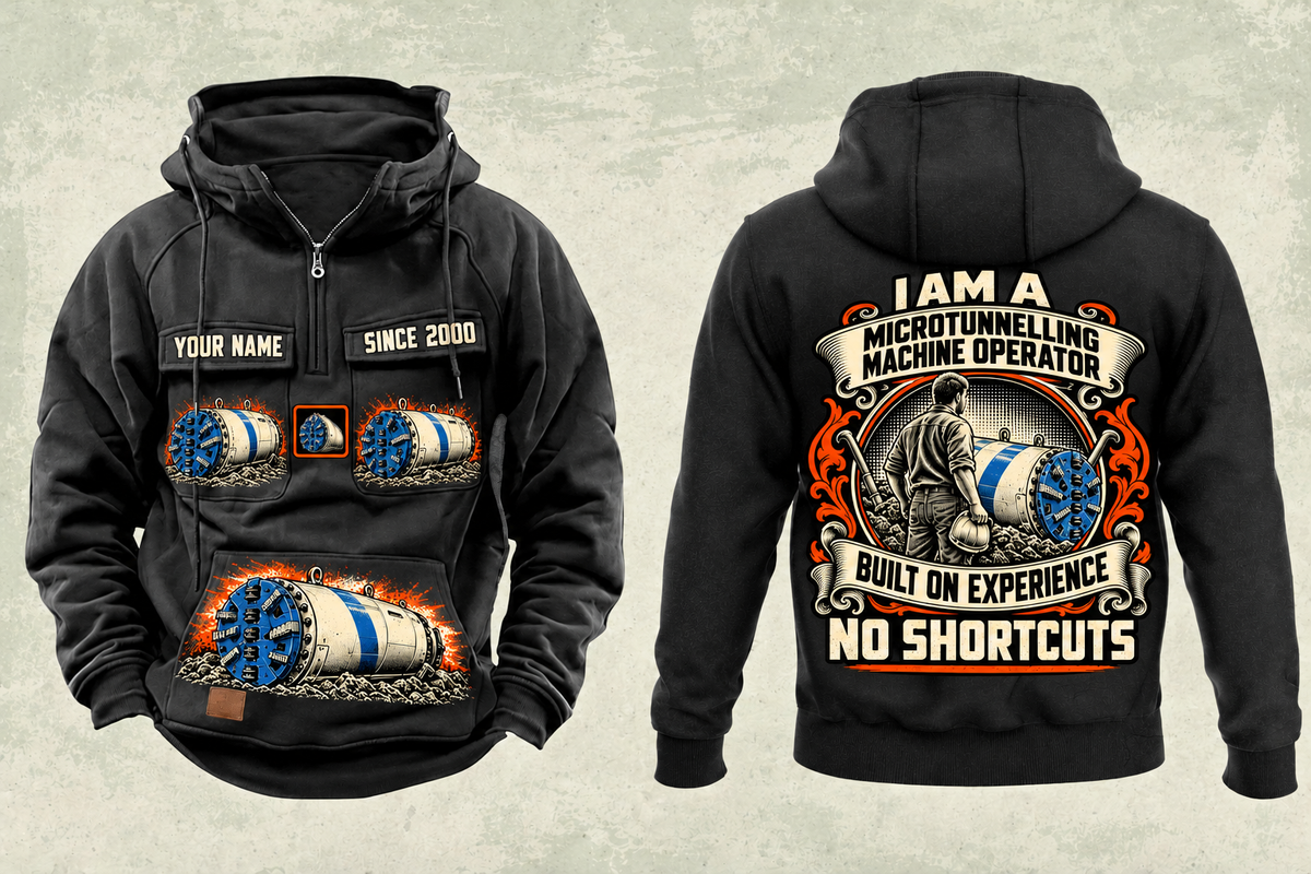 Personalized Akkerman SL74P Microtunnelling Machine Vintage Hoodie in black, front and back artwork with YOUR NAME and SINCE 2000 sample text.