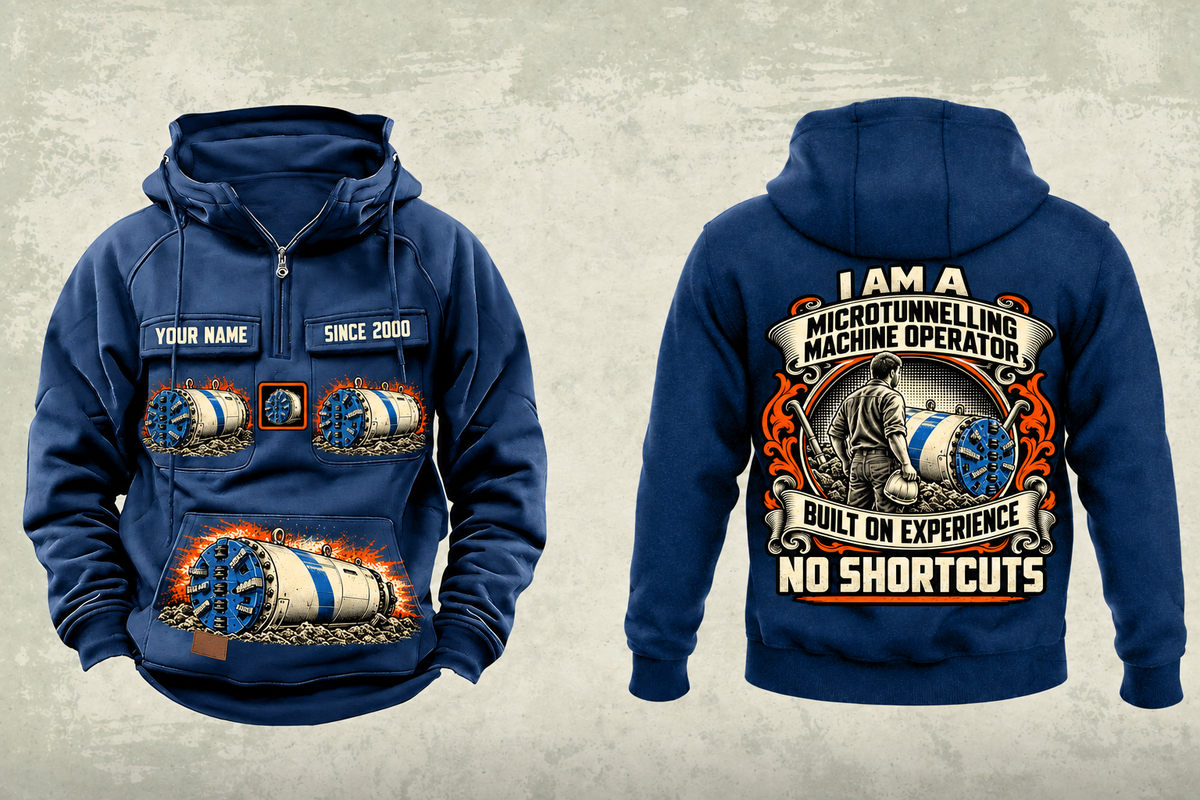 Personalized Akkerman SL74P Microtunnelling Machine Vintage Hoodie in dark-blue, front and back artwork with YOUR NAME and SINCE 2000 sample text.
