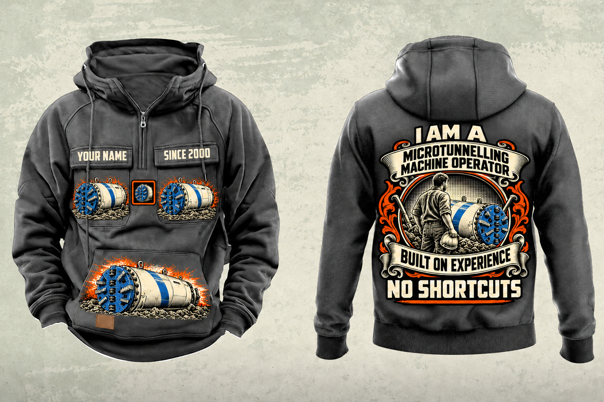 Personalized Akkerman SL74P Microtunnelling Machine Vintage Hoodie in dark-gray, front and back artwork with YOUR NAME and SINCE 2000 sample text.