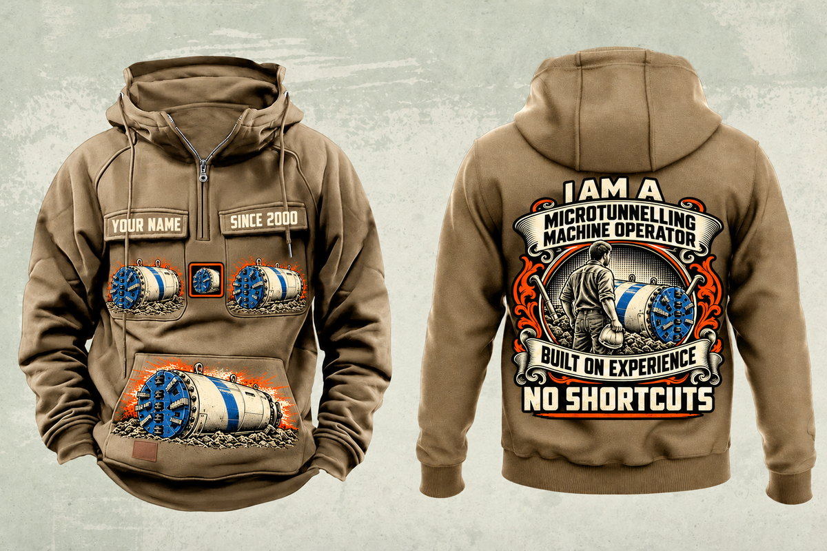 Personalized Akkerman SL74P Microtunnelling Machine Vintage Hoodie in kaki, front and back artwork with YOUR NAME and SINCE 2000 sample text.
