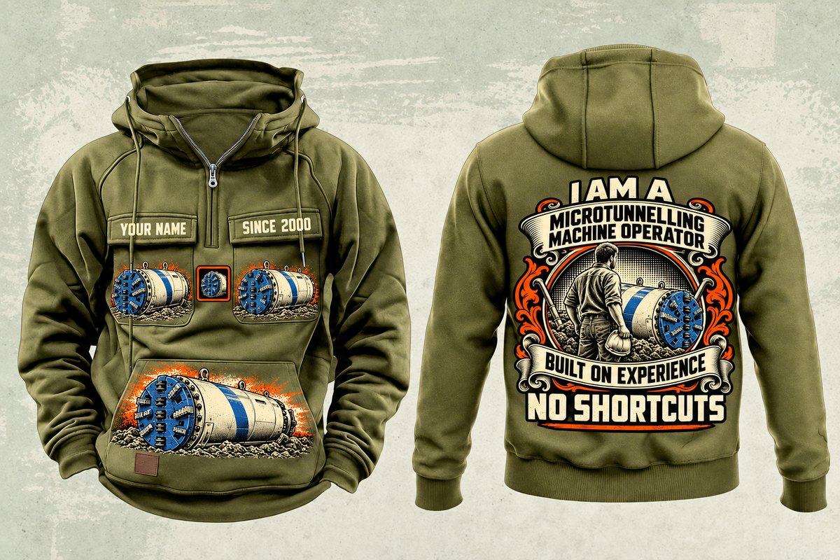 Personalized Akkerman SL74P Microtunnelling Machine Vintage Hoodie in military-green, front and back artwork with YOUR NAME and SINCE 2000 sample text.