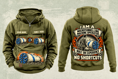 Personalized Akkerman SL74P Microtunnelling Machine Vintage Hoodie in military-green, front and back artwork with YOUR NAME and SINCE 2000 sample text.