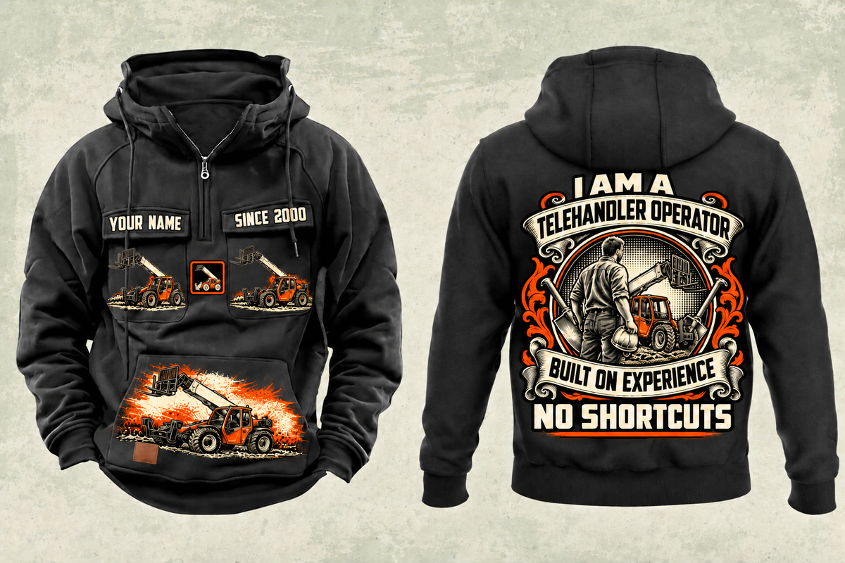 Personalized JLG 1055 Telehandler Vintage Hoodie in black, front and back artwork with YOUR NAME and SINCE 2000 sample text.