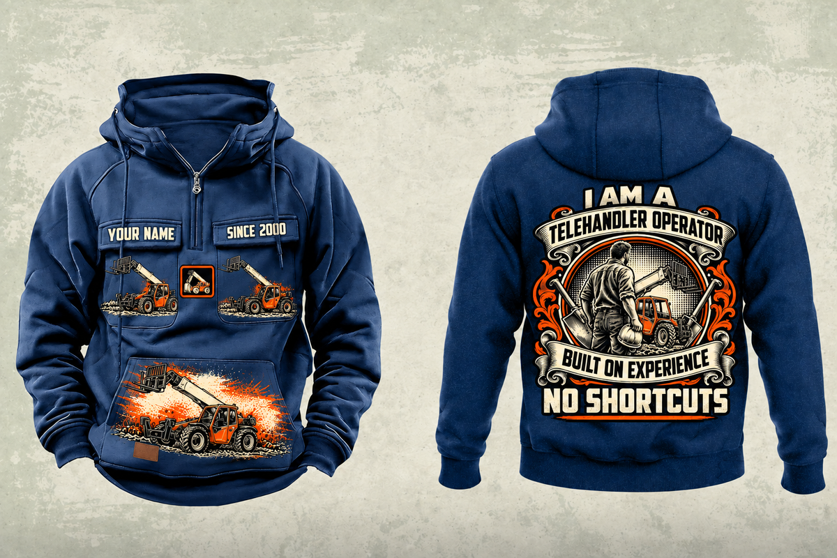 Personalized JLG 1055 Telehandler Vintage Hoodie in dark-blue, front and back artwork with YOUR NAME and SINCE 2000 sample text.