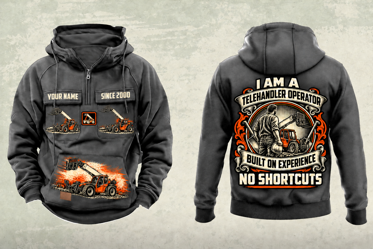Personalized JLG 1055 Telehandler Vintage Hoodie in dark-gray, front and back artwork with YOUR NAME and SINCE 2000 sample text.