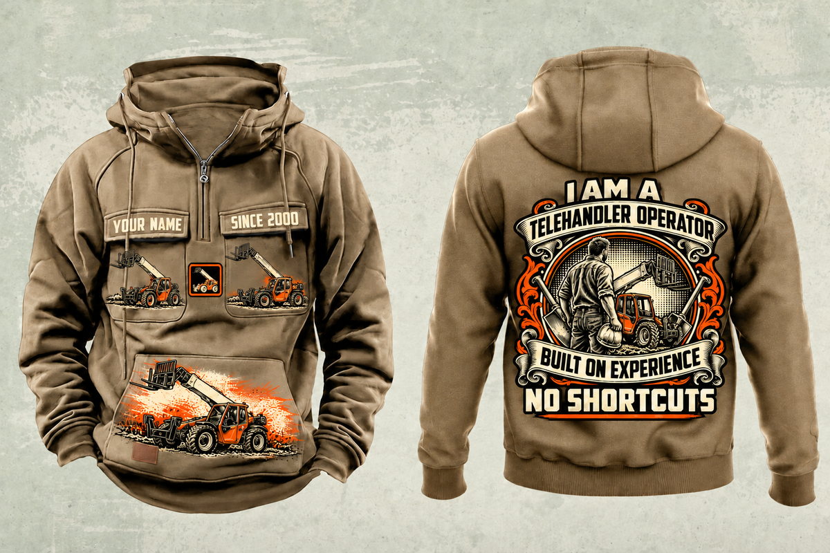 Personalized JLG 1055 Telehandler Vintage Hoodie in kaki, front and back artwork with YOUR NAME and SINCE 2000 sample text.