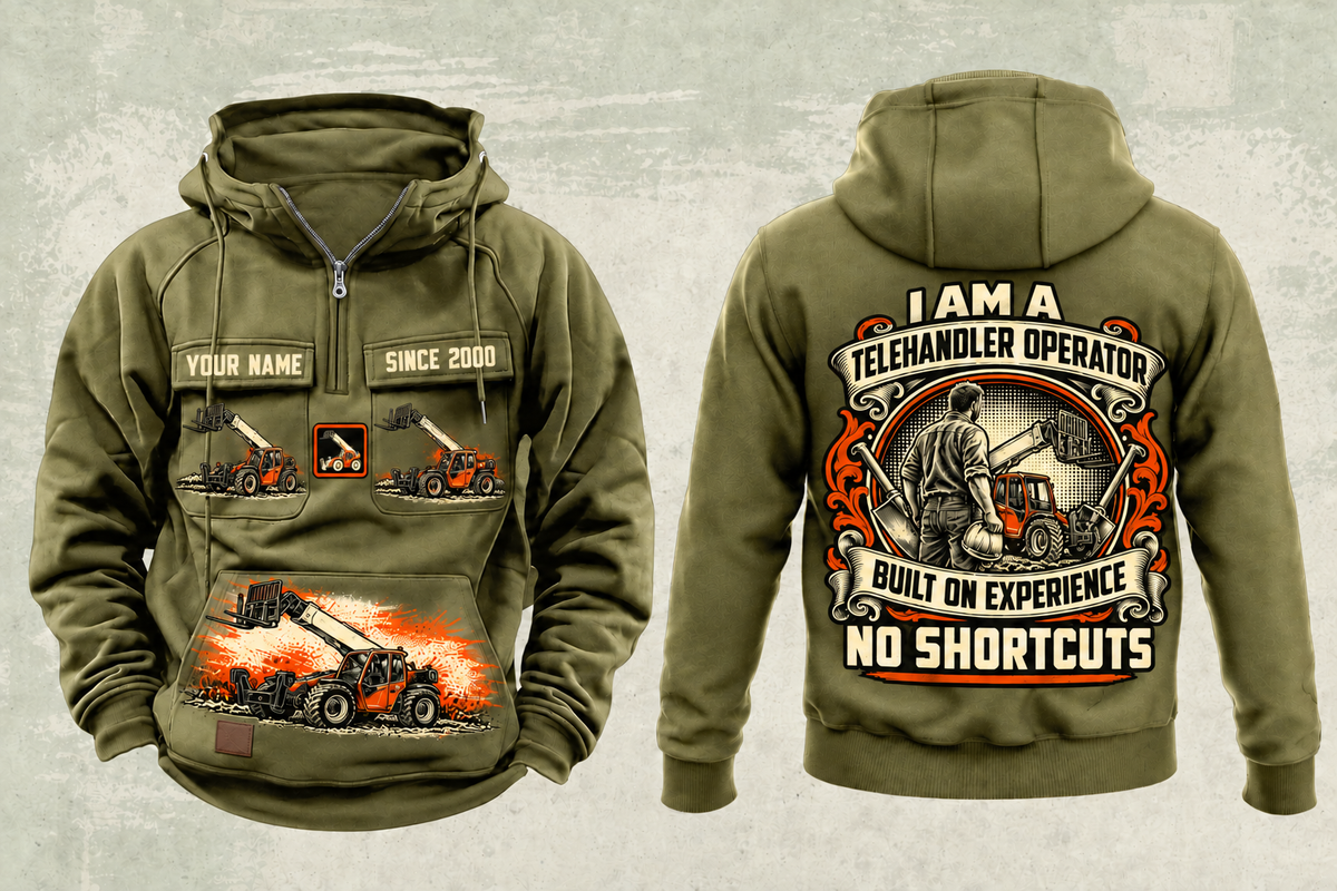 Personalized JLG 1055 Telehandler Vintage Hoodie in military-green, front and back artwork with YOUR NAME and SINCE 2000 sample text.
