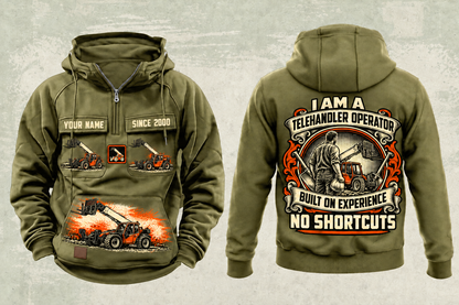 Personalized JLG 1055 Telehandler Vintage Hoodie in military-green, front and back artwork with YOUR NAME and SINCE 2000 sample text.