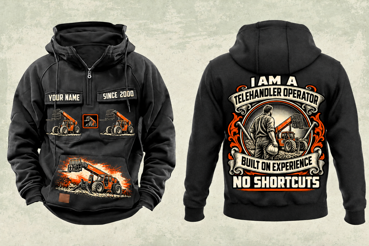 Personalized SkyTrak 10054 Telehandler Vintage Hoodie in black, front and back artwork with YOUR NAME and SINCE 2000 sample text.