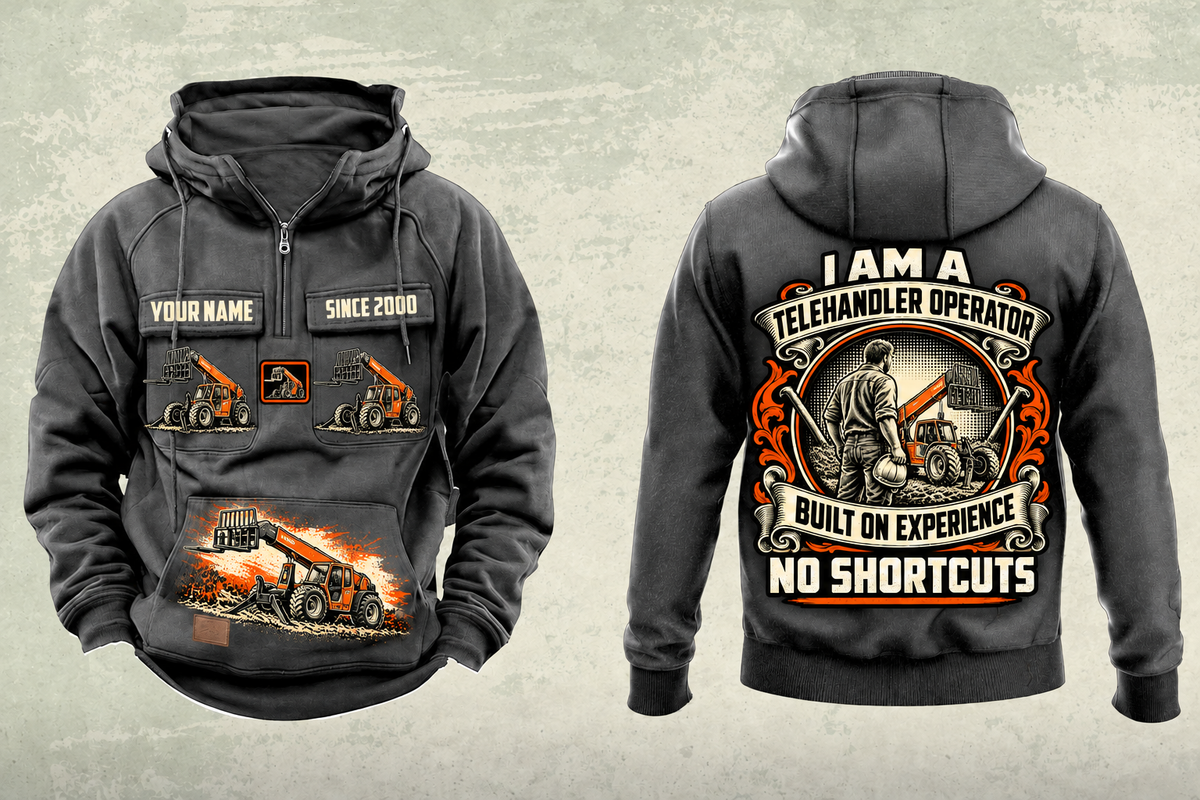 Personalized SkyTrak 10054 Telehandler Vintage Hoodie in dark-gray, front and back artwork with YOUR NAME and SINCE 2000 sample text.