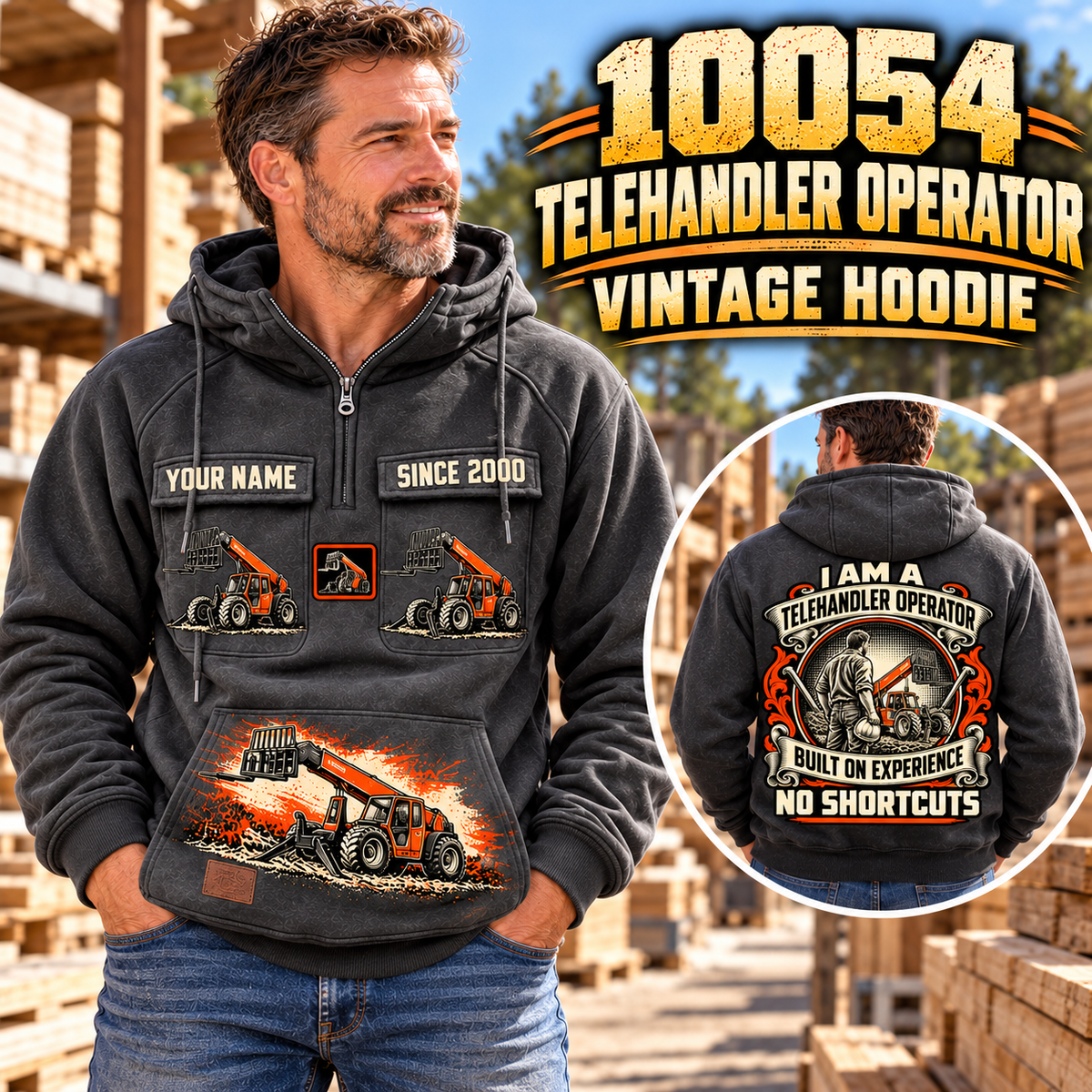 Personalized SkyTrak 10054 Telehandler Vintage Hoodie in Dark Gray, front and back artwork with YOUR NAME and SINCE 2000 sample text.