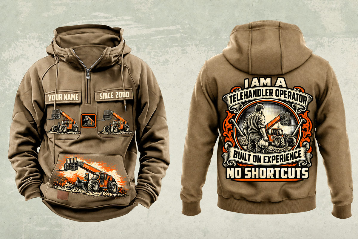 Personalized SkyTrak 10054 Telehandler Vintage Hoodie in kaki, front and back artwork with YOUR NAME and SINCE 2000 sample text.