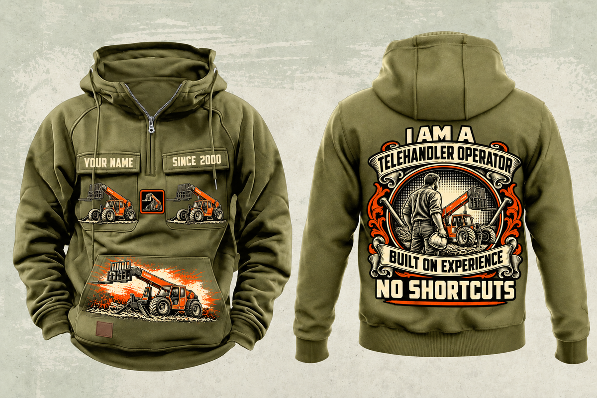 Personalized SkyTrak 10054 Telehandler Vintage Hoodie in military-green, front and back artwork with YOUR NAME and SINCE 2000 sample text.