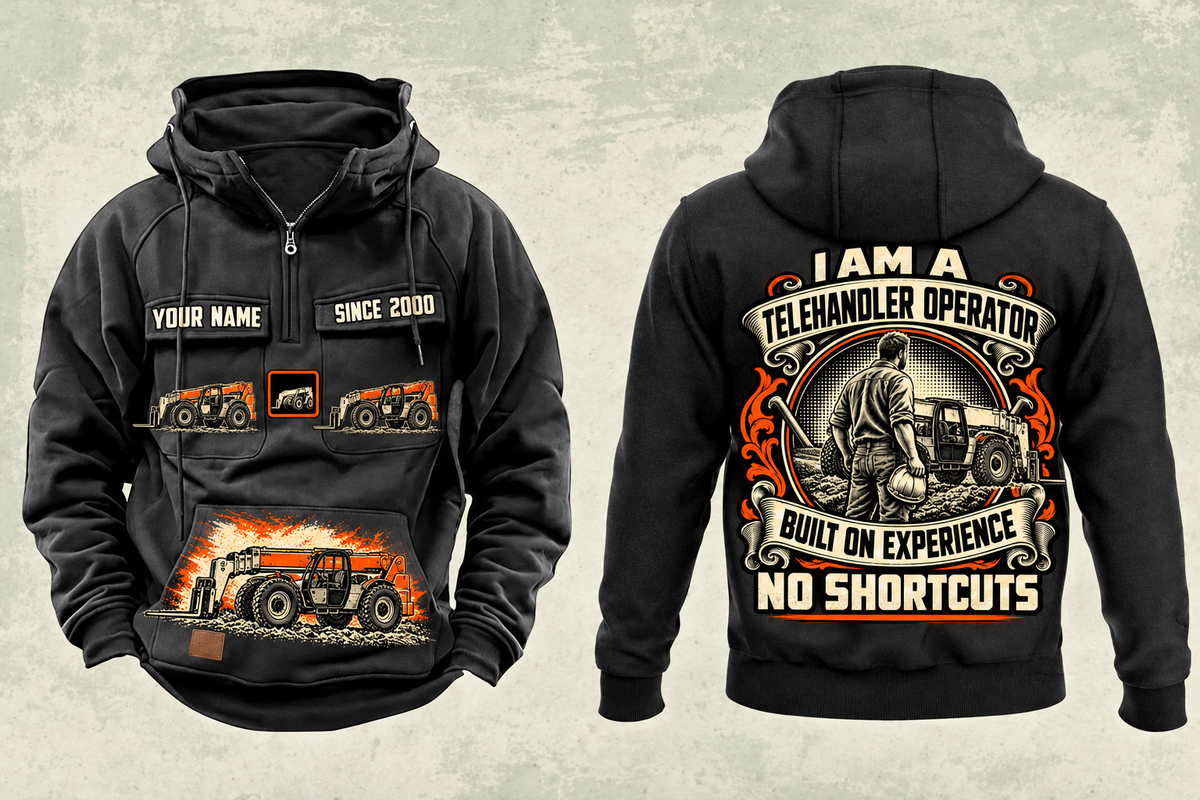 Personalized Genie GTH-1056 Telehandler Vintage Hoodie in black, front and back artwork with YOUR NAME and SINCE 2000 sample text.