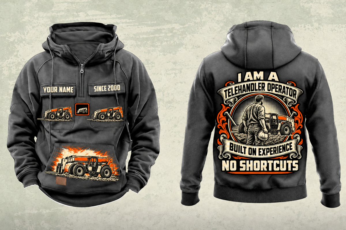 Personalized Genie GTH-1056 Telehandler Vintage Hoodie in dark-gray, front and back artwork with YOUR NAME and SINCE 2000 sample text.