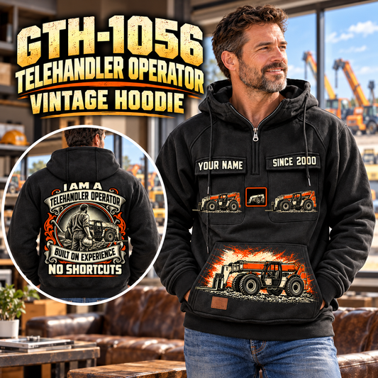 Personalized Genie GTH-1056 Telehandler Vintage Hoodie in Black, front and back artwork with YOUR NAME and SINCE 2000 sample text.
